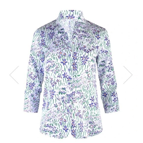 LEGGIADRO Button Front Inverted Notch Collar Blouse in Wild Iris Meadow - Picture 1 of 9